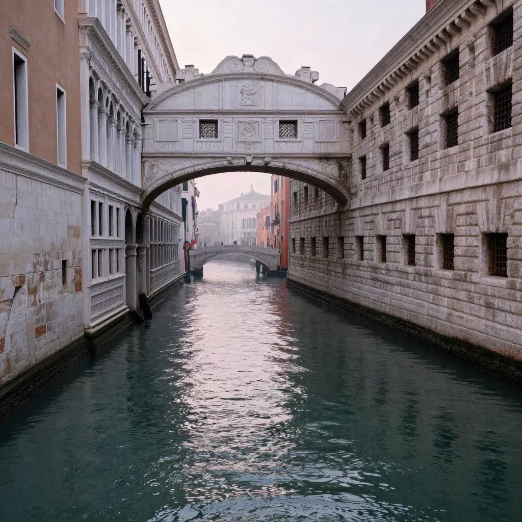 Canale veneto all’alba con ponte in pietra e facciata lontana nella foschia