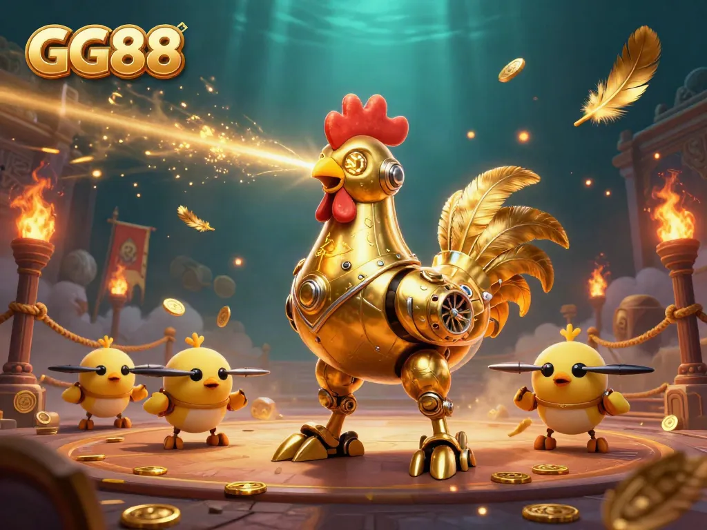 Engage in exciting gameplay at GG88 with golden rooster robot and vivid casino elements.