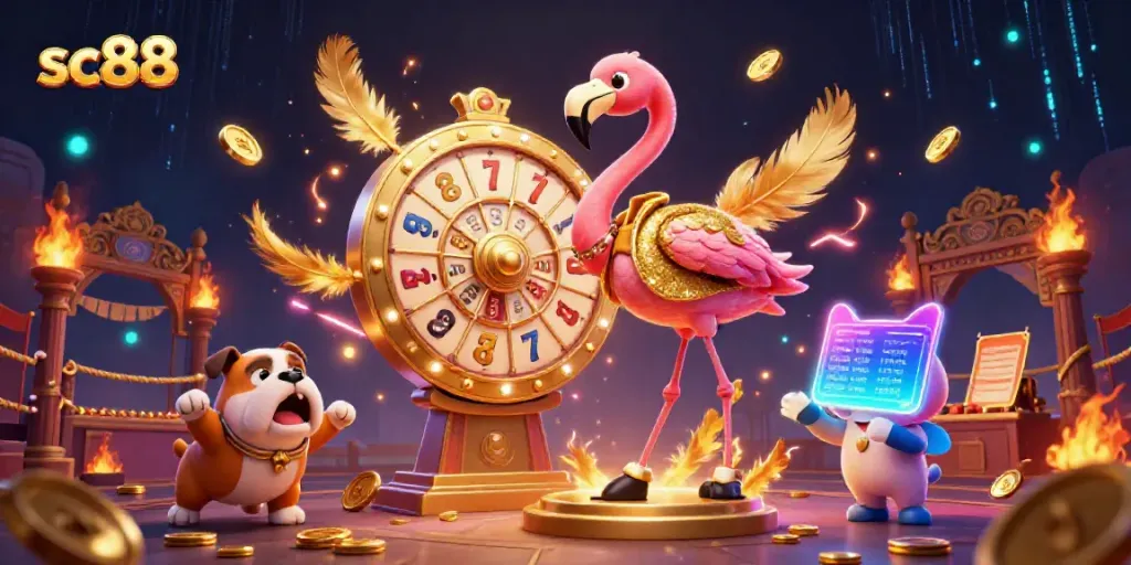 Experience the thrill of sc88 with a vibrant 3D casino scene featuring a flamingo host, bulldog contestant, and cat scoreboard.