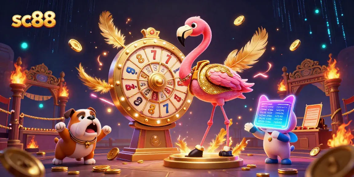 Experience the thrill of sc88 with a vibrant 3D casino scene featuring a flamingo host, bulldog contestant, and cat scoreboard.