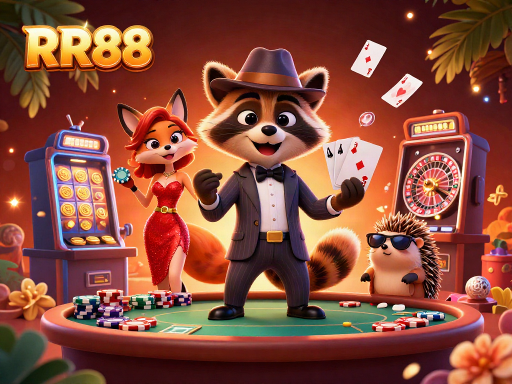 Experience the thrill of RR88 with a suave raccoon, a dazzling fox, and a hedgehog bouncer at a vibrant casino.