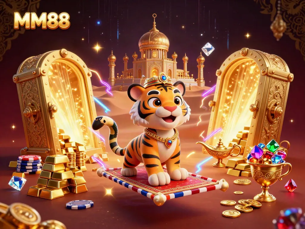 Experience the magical adventure of MM88 with a vibrant casino-themed 3D illustration featuring a tiger sultan.