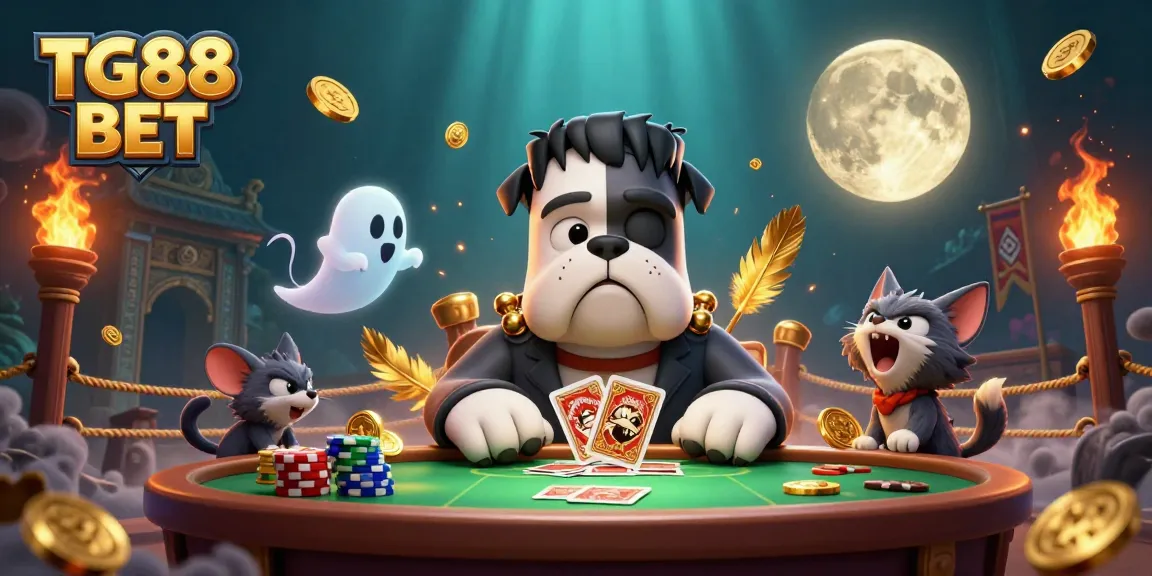 Play cards with TG88 BET at a spooky casino table against a rich 3D scene featuring vibrant characters.