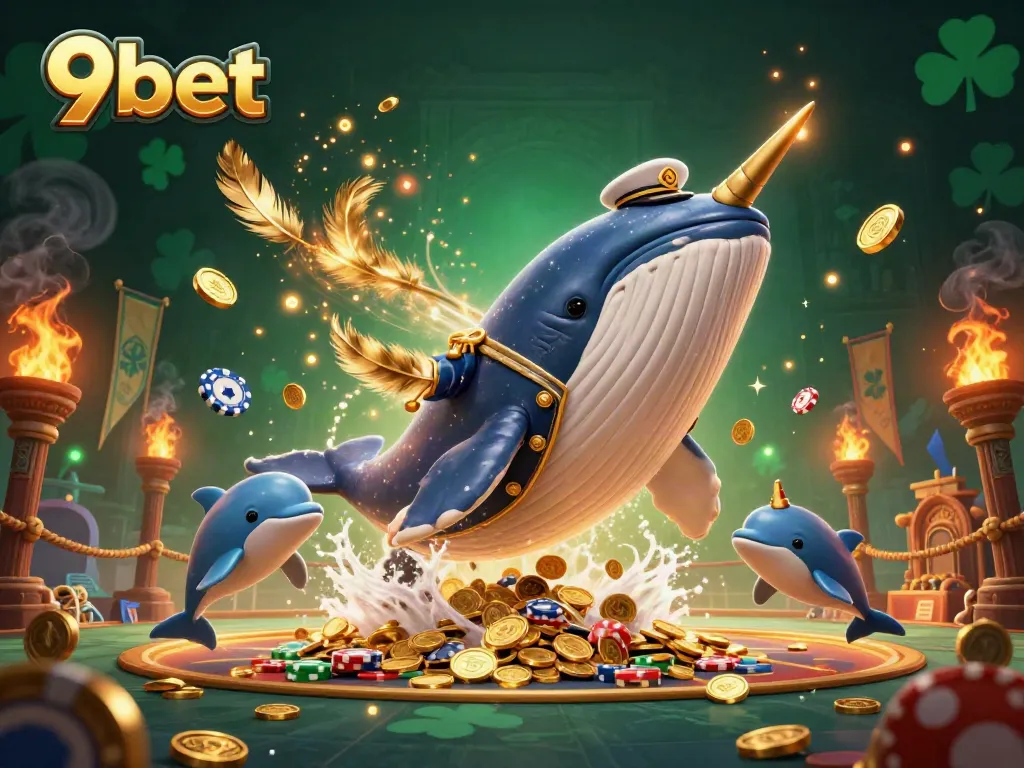 Experience the thrill of 9bet with a whale, narwhal, and dolphins in a treasure-filled scene