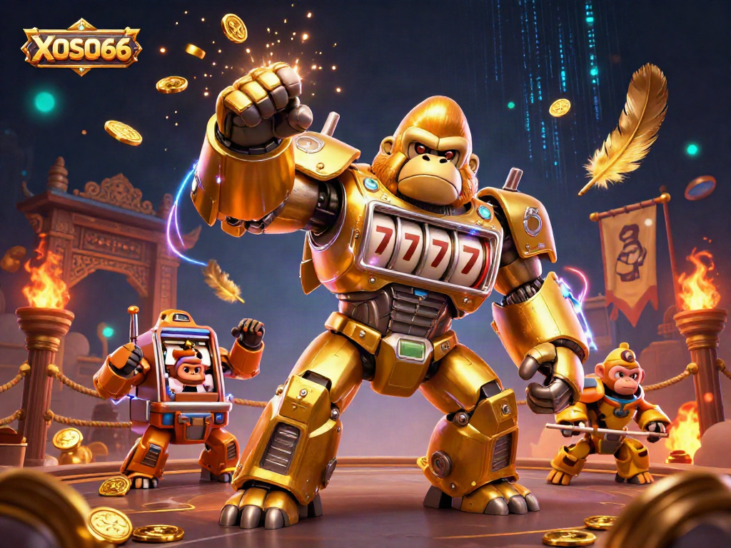 Experience the adrenaline of XOSO66 with an exciting 3D casino scene featuring a golden mech and vibrant game elements.