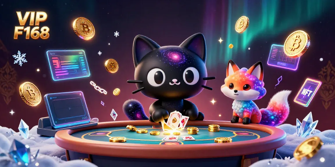 Engage with VIP F168 at a cosmic casino, featuring a playful black hole cat and colorful nebula fox.