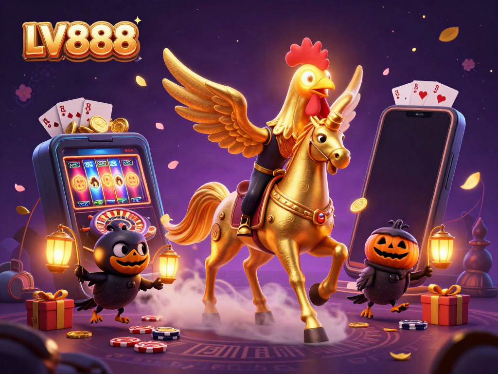 Experience LV888 excitement in a vibrant midnight casino scene, featuring a golden rooster and mystical companions.