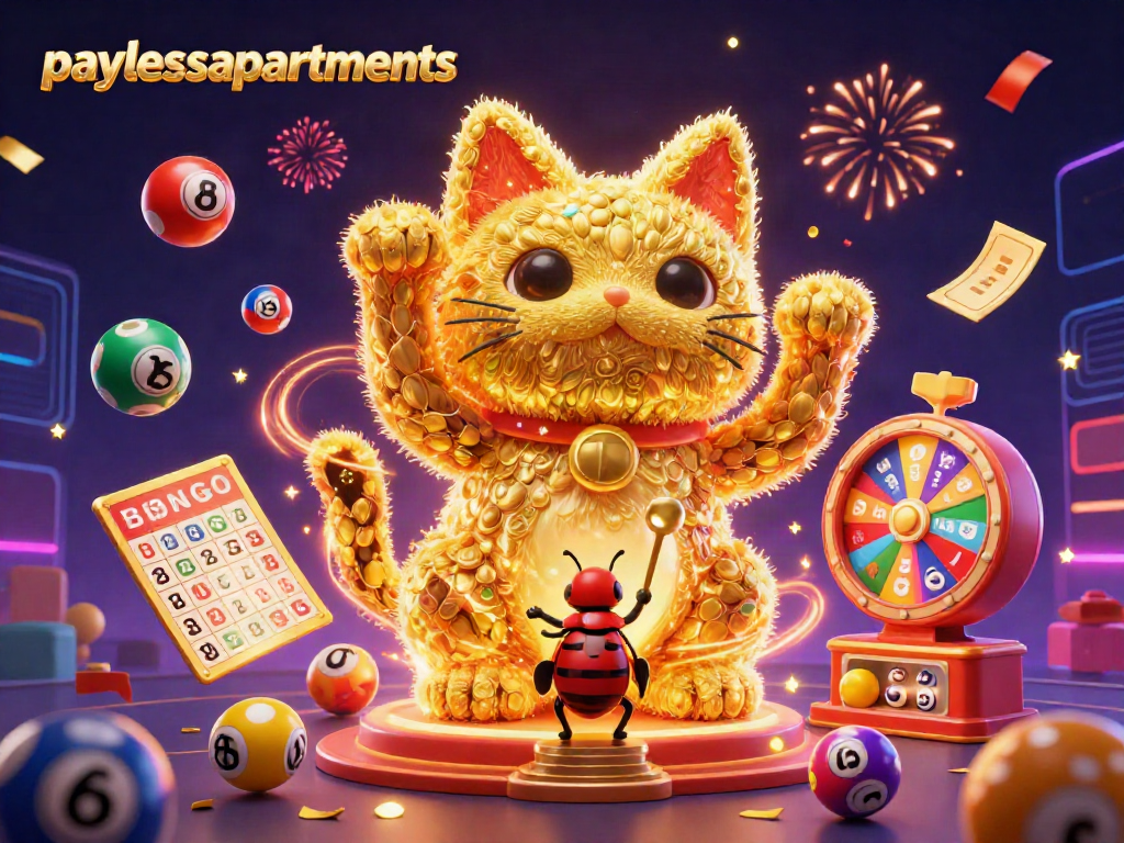 Experience the excitement of paylessapartments with a vibrant casino-themed digital illustration full of colorful game elements.