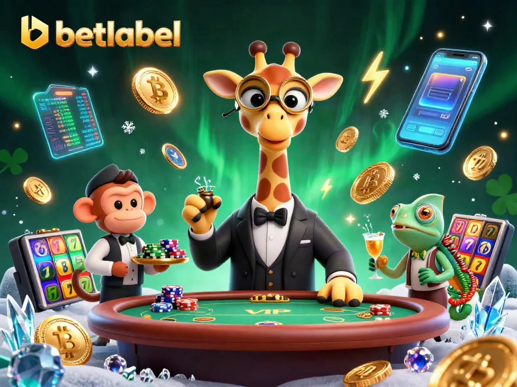 Engage with the vibrant gaming world at betlabel featuring a giraffe, monkey, and chameleon in a lively casino scene.