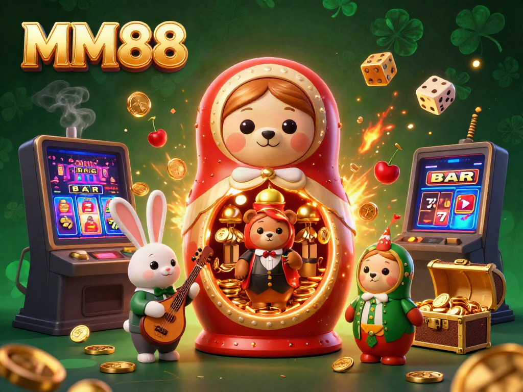 Experience the excitement of MM88 with cartoon characters and a vibrant casino atmosphere.