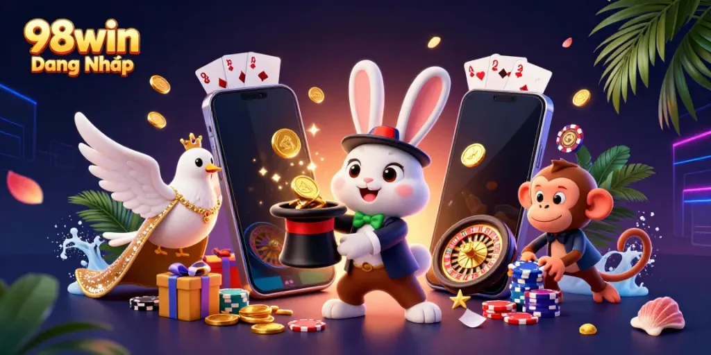 The magician rabbit magically reveals golden coins while showcasing 98win Đăng Nhập, amidst casino excitement.