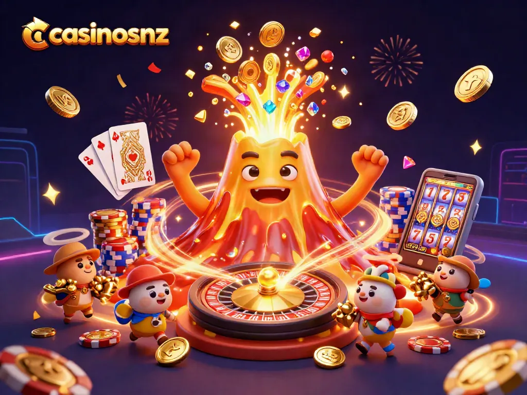 Experience the thrill with casinosnz, showcasing a vibrant volcano erupting treasures amidst dynamic casino elements.