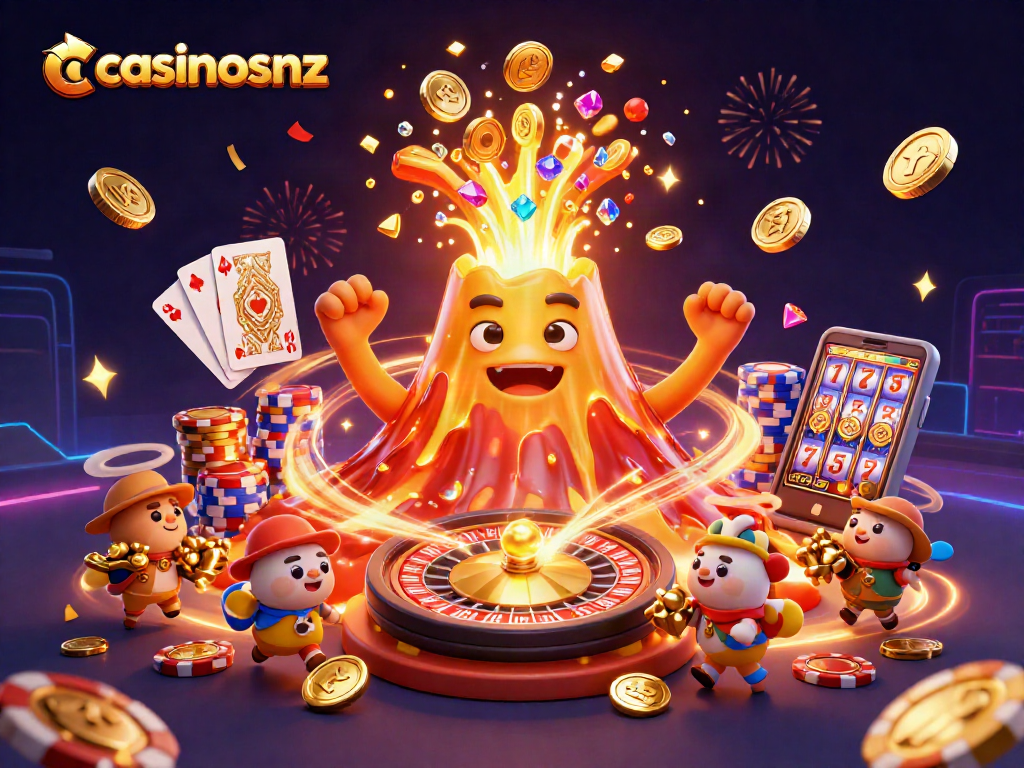 Experience the thrill with casinosnz, showcasing a vibrant volcano erupting treasures amidst dynamic casino elements.