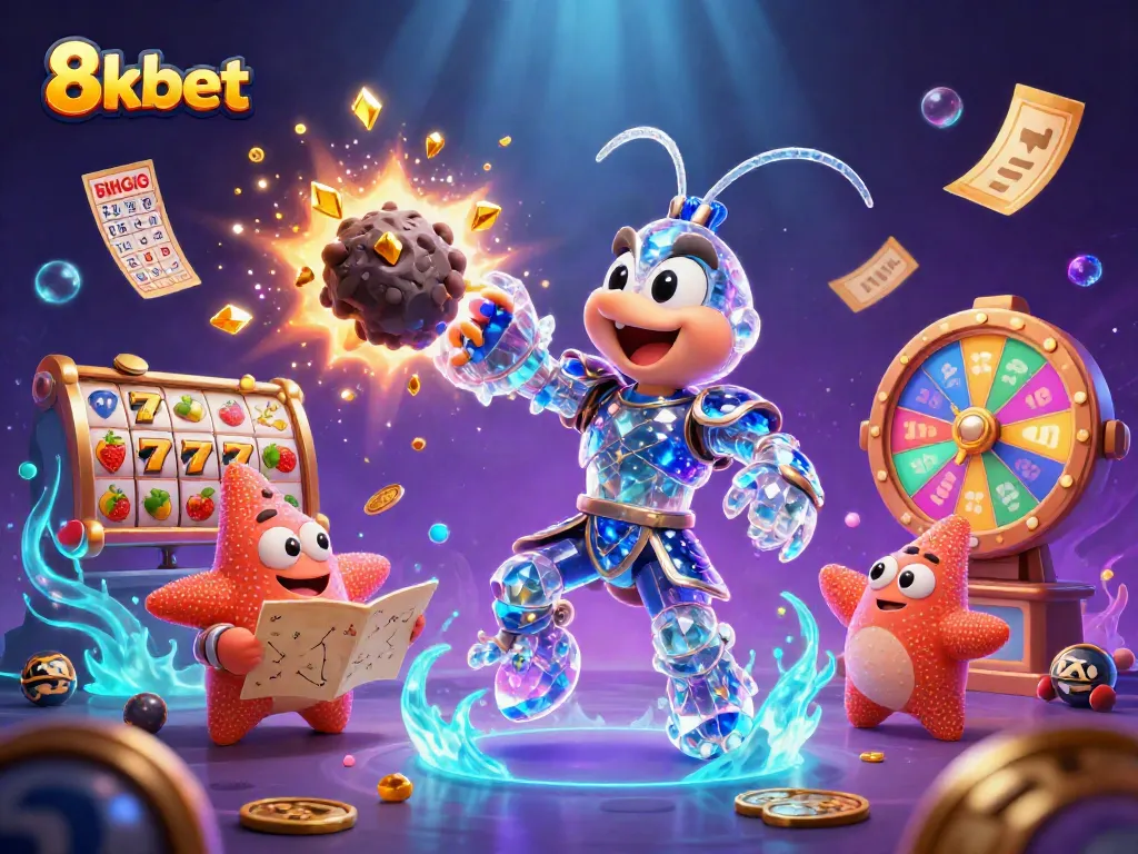 8xbet's engaging 3D illustration captures a dynamic casino scene with lucky elements and vibrant colors.