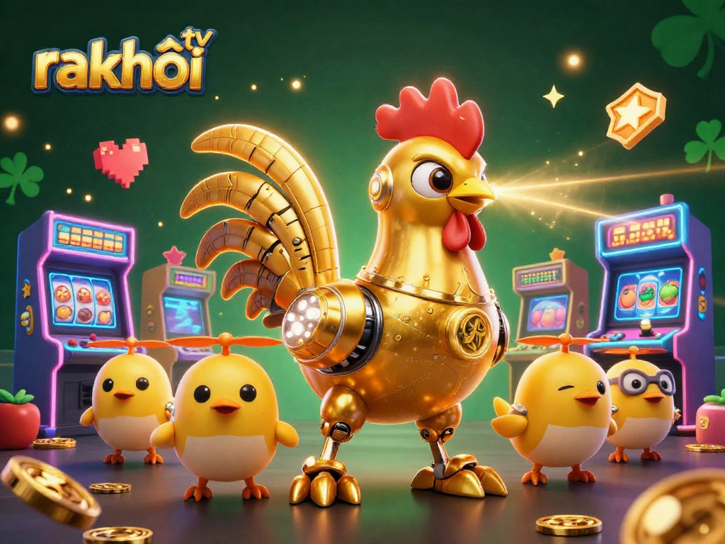 Experience the excitement of ra khơi tv with vibrant 3D gaming elements and a dynamic golden rooster robot.