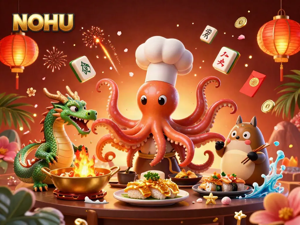 Experience the allure of NOHU with a vibrant scene featuring a sushi chef octopus, dragon, and tanuki in a lively casino illustration.