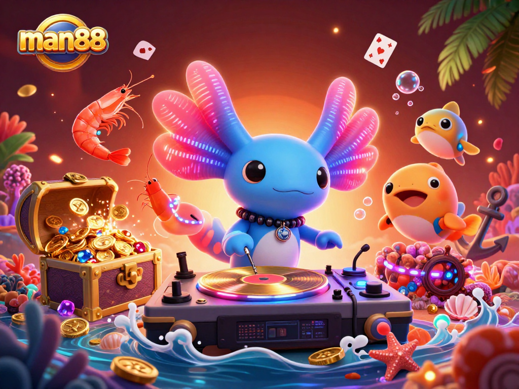 Experience the vibrant action at man88 as a neon axolotl DJ spins records amidst gold coins and glowing gems.