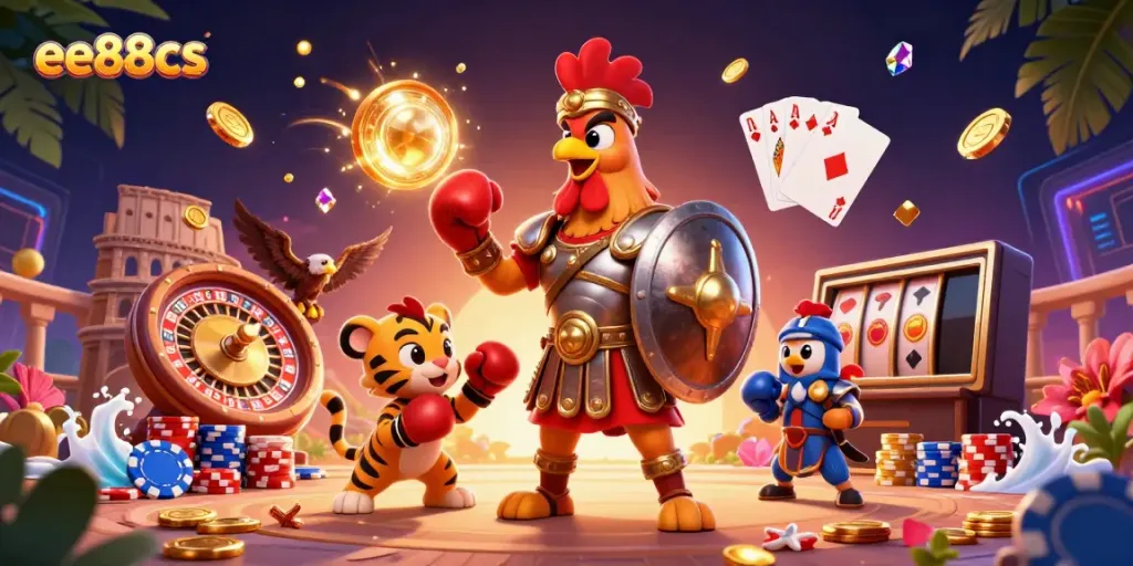 Engaging scene of ee88cs casino with a gladiator rooster and tiger cub surrounded by sparkling game elements.