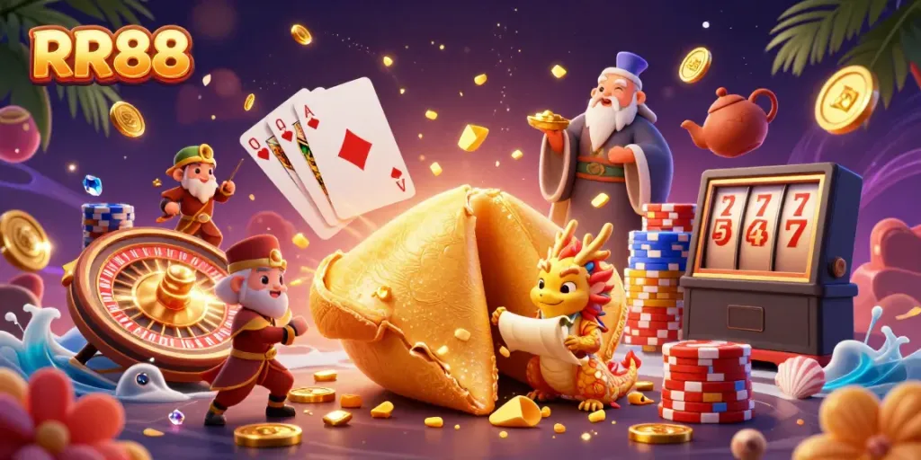 Spin the reels with RR88 as golden fortunes unfold in a vibrant casino scene!