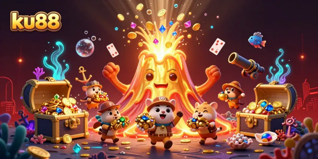 Experience the excitement of ku88 with a triumphant golden volcano erupting treasures in a vibrant casino scene.