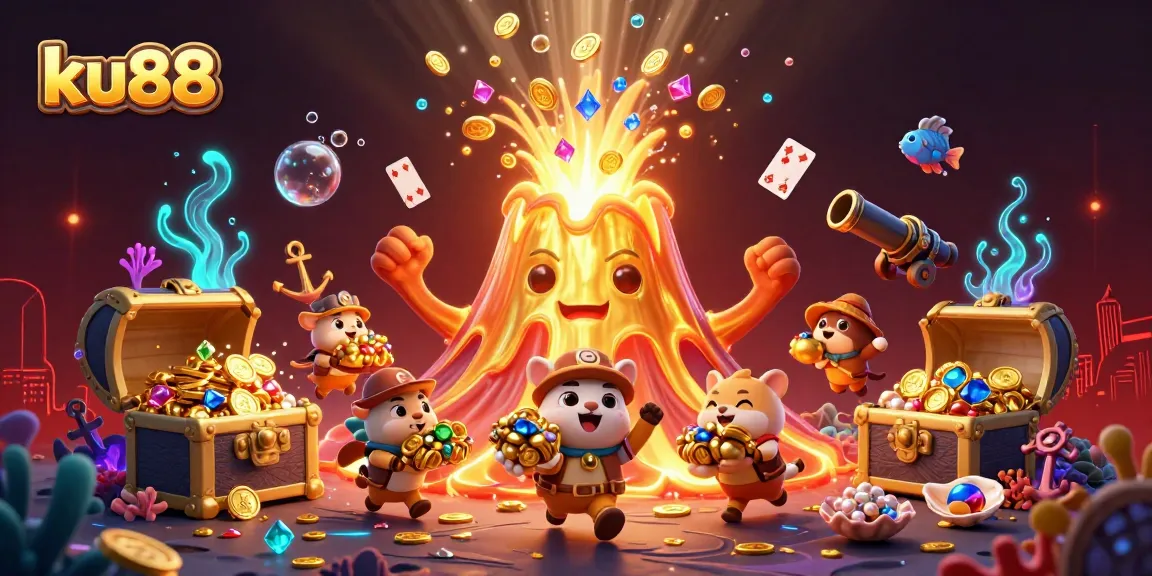 Experience the excitement of ku88 with a triumphant golden volcano erupting treasures in a vibrant casino scene.