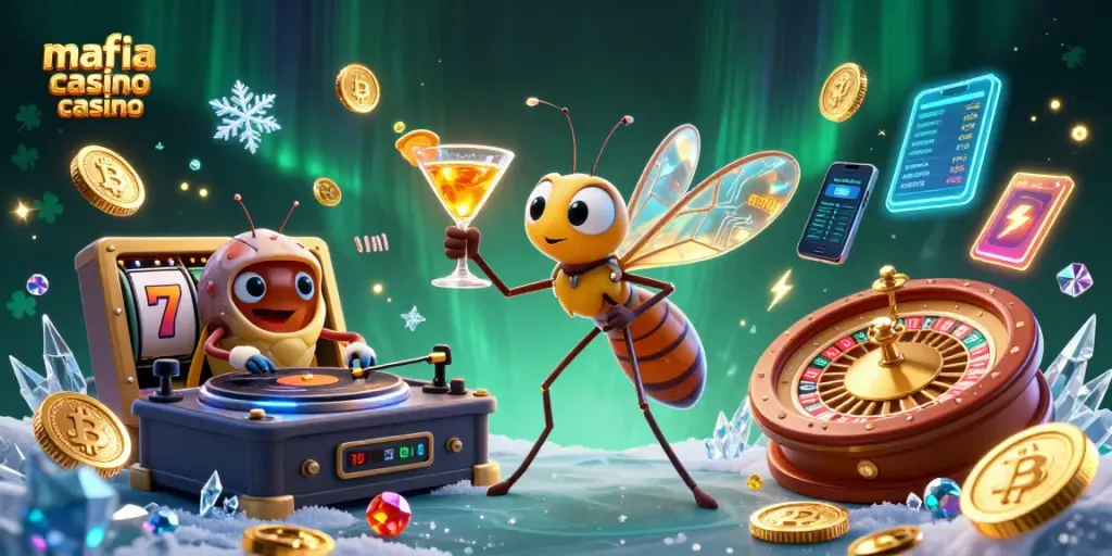 Mafia casino casino themed illustration showcasing an amber mosquito mascot with gaming elements and crypto coins.