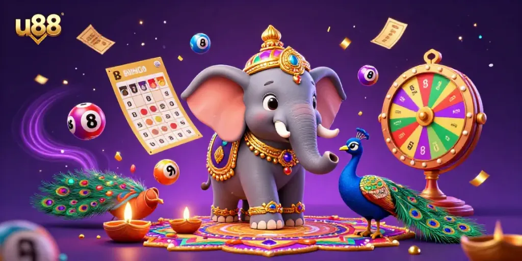Engage with the vibrant u88 gaming scene featuring a Diwali-themed elephant, colorful lottery elements, and dynamic energy.