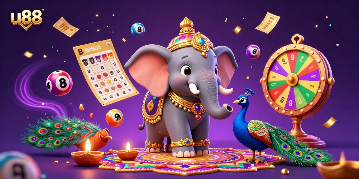 Engage with the vibrant u88 gaming scene featuring a Diwali-themed elephant, colorful lottery elements, and dynamic energy.